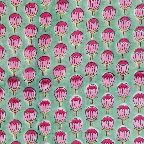 Pre-cut Pure Cotton Pastel Green With Pink Flower Buds Hand Block Print Fabric( 1.75 meter)