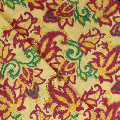 Pure Cotton Pastel Yellow With Maroon Red Wild Flower Jaal Hand Block Print Fabric