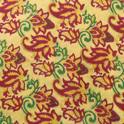 Pure Cotton Pastel Yellow With Maroon Red Wild Flower Jaal Hand Block Print Fabric