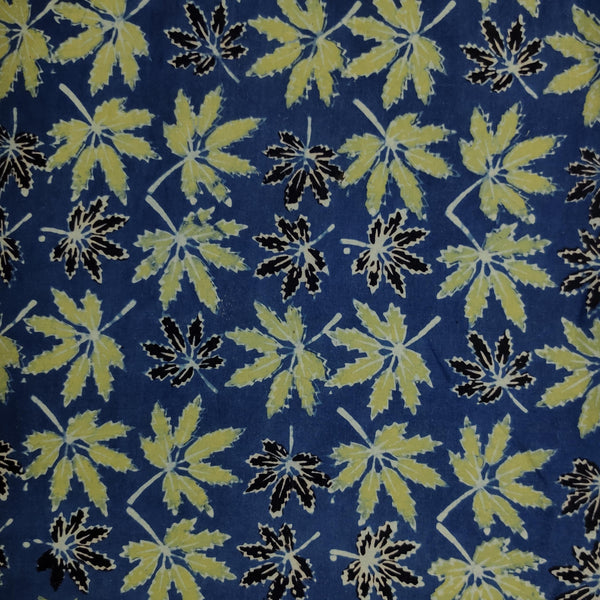 Pure Cotton Persian Blue With Green And Black Oak Leaves Hand Block Print Fabric