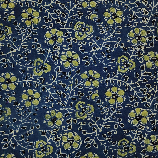 Pure Cotton Persian Blue With Green Cream Floral Jaal Hand Block Print Fabric