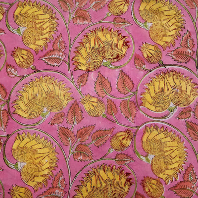 Pure Cotton Pink With Big Wild Yellow Flower Jaal Jaipuri Hand Block Print Fabric