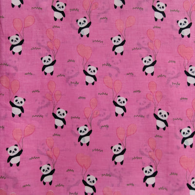 Pure Cotton Pink With Panda Screenprint Fabric
