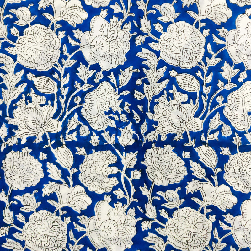 Pure Jaipuri Cotton Blue With White Flower Jaal Hand Block Print Fabric
