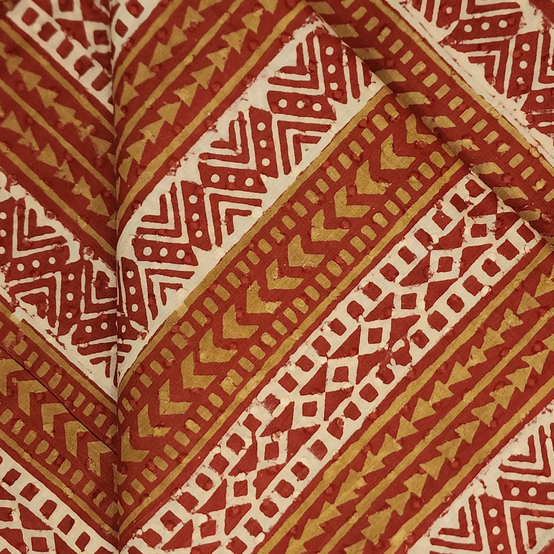 Pure Cotton Rust Discharge With Cream Orange Border Stripes Hand Block ...