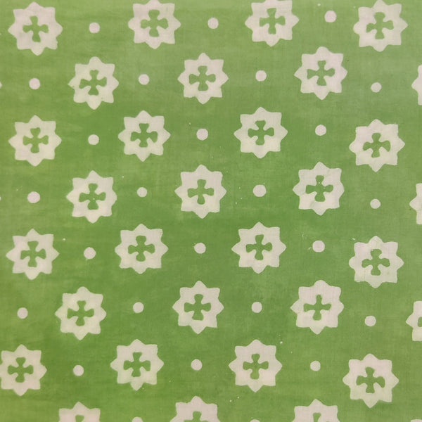 Pre-cut Pure Cotton Special Ankola Dabu Green With Star Flower Dots Hand Block Print Fabric ( 1.55 meter)