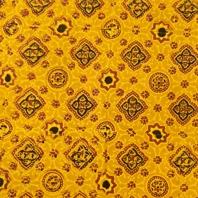Pure Cotton Turmeric Dyed Ajrak With Persian Tiles Hand Block Print Blouse Fabric ( 85 CM )