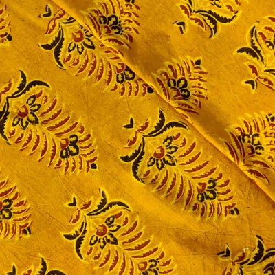 PrecUT 1.70 Meters Pure Cotton Turmeric Dyed Ajrak With Wild Flower Motif Hand Block Print Fabric