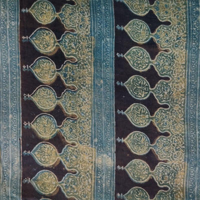 Pure Cotton Vanaspati Dull Black With Green Blue Border Hand Block Print Fabric