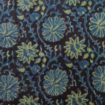Pure Cotton Vanaspati Earthy Black With Blue Green Marrigold Jaal Hand Block Print Fabric