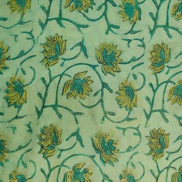 Pure Cotton Vanaspati Green With Lotus Jaal Hand Block Print Blouse Piece Fabric ( 1.20 meter )