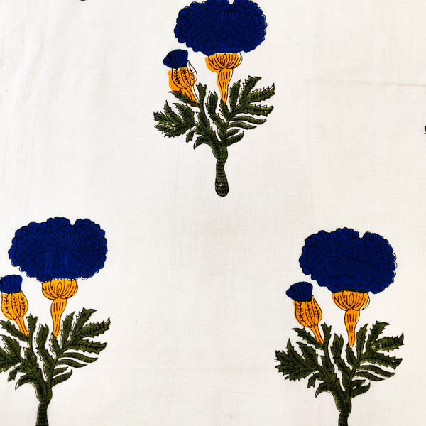 Pre-Cut 1.90 Meters Pure Cotton White Jaipuri With Blue Genda Phool Hand Block Print Fabric