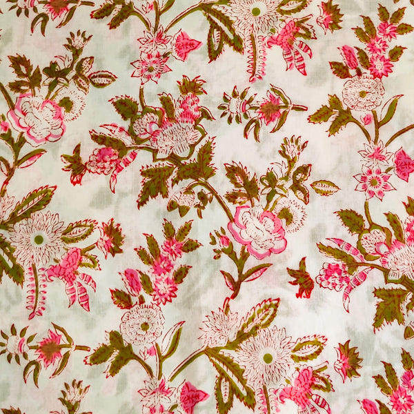 Pure Cotton White Jaipuri With Pink And Green Flower Jaal Hand Block Print Fabric