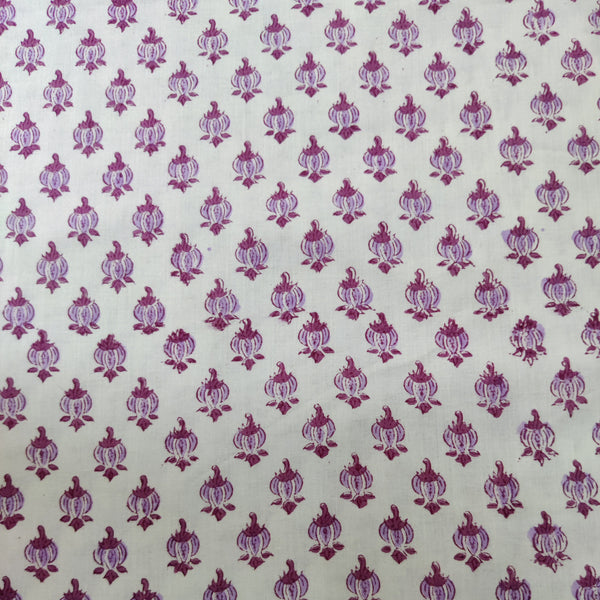 Blouse Piece 1 Meter Pure Cotton White Jaipuri With Tiny Purple Motif Hand Block Print Fabric