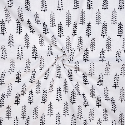 Pure Cotton White With Black And Grey Fern Motifs Hand Block Print Fabric