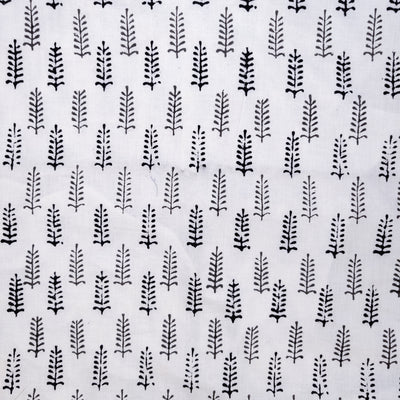 Pure Cotton White With Black And Grey Fern Motifs Hand Block Print Fabric
