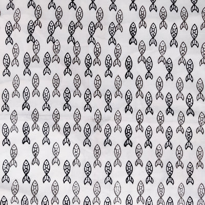 Pure Cotton White With Black And Grey Fish Motifs Hand Block Print Fabric