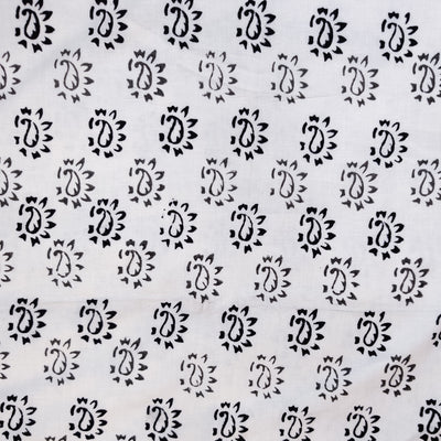 Pure Cotton White With Black And Grey Kairi Flower Motifs Hand Block Print Fabric