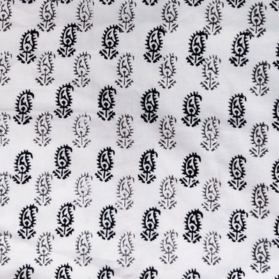 Pure Cotton White With Black And Grey Kairi Motifs Hand Block Print Fabric