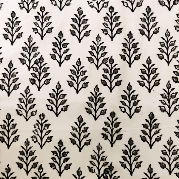 Pre-cut 2.25 meter Pure Cotton White With Black And Grey Plant Hand Block Print Fabric