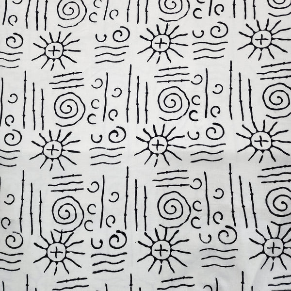 Blouse Piece 1.25 Meter Pure Cotton White With Black Boho Sun And Moon Hand Block Print Fabric