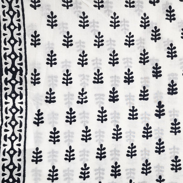 Pure Cotton White With Black Tiny Flower Motifs Hand Block Print Fabric