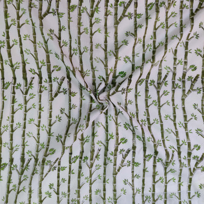 Pure Cotton White With Dark Green Bamboo Hand Block Print Fabric
