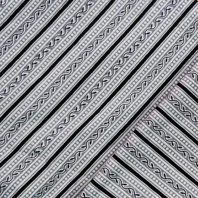 Pure Cotton White With Grey And Black Border Screen Print Fabric