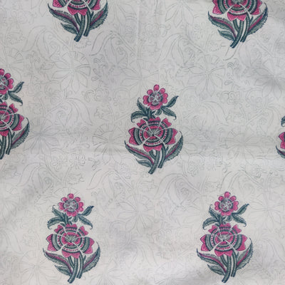 Precut 2.15 Meter Pure Cotton White With Grey Self Design And Mughal Motif Hand Block Print Fabric