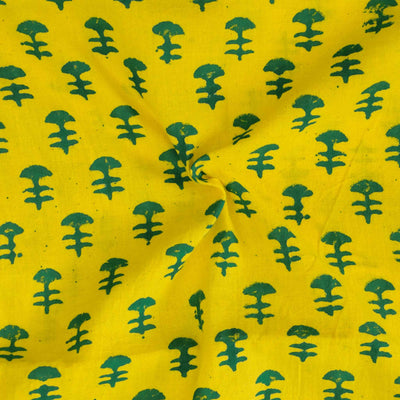 Pure Cotton Yellow Gamthi With Green Fish Bone Motifs Hand Block Print Fabric