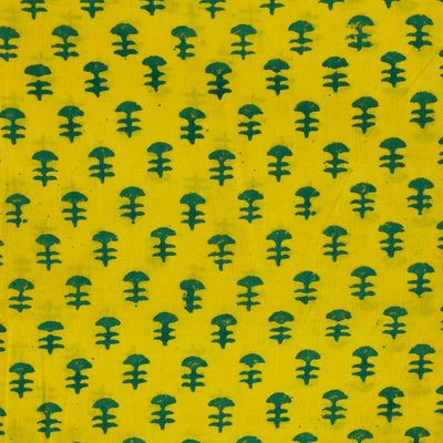 Pure Cotton Yellow Gamthi With Green Fish Bone Motifs Hand Block Print Fabric