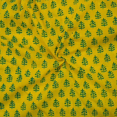 Pure Cotton Yellow Gamthi With Teal Blue Tree Motifs Hand Block Print Fabric