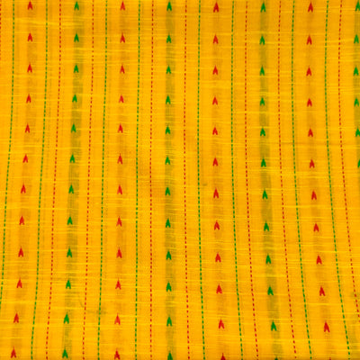 Pure Cotton Yellow With Shades Of Red Green Triangle Stripes Handloom Fabric