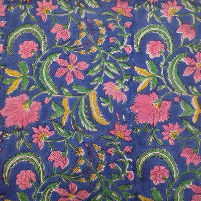 Pure Cotton Jaipuri Dark Blue With Green And Pink And Yellow Flower Jaal Hand Block Print Fabric