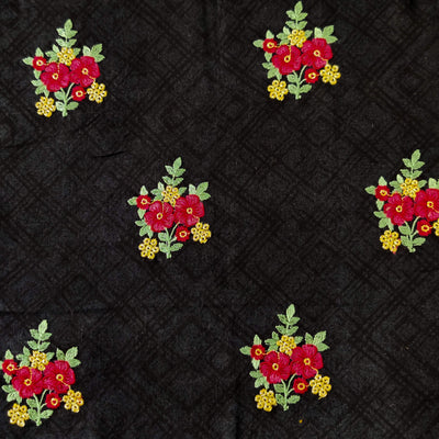 Pure Glazed Cotton Self Design With Red Floral Bouquet Embroiedered Fabric