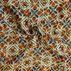 Pure Modal Silk Ajrak Off White With Rust And Blue Intricate Tile Hand Block Print Blouse Fabric ( 1 Metre )