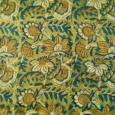 Pure Modal Silk Organic Vanaspati Natural Hand Block Printed yellowish green Wild Flower Jaal Motif Fabric (Pre cut 1.5 Meter)