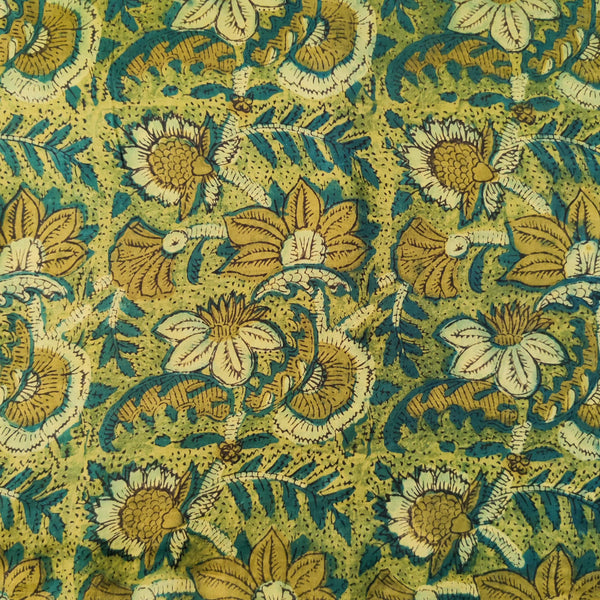 Pure Modal Silk Organic Vanaspati Natural Hand Block Printed yellowish green Wild Flower Jaal Motif Fabric ( Blouse Piece 1 Meter )