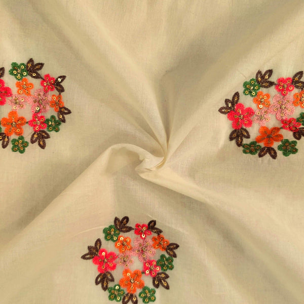 Pre-cut 1.40 meter Pure Mul Cotton Cream With Orange Pink Flower Bunch  Embroidered Fabric