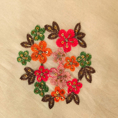 Pre-cut 1.40 meter Pure Mul Cotton Cream With Orange Pink Flower Bunch  Embroidered Fabric