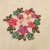 Pure Mul Cotton Cream With Pink Purple Teal Green Flower Bunch  Embroidered Fabric