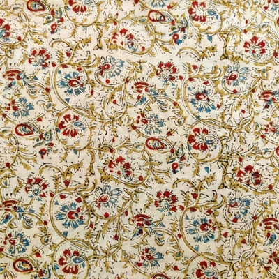 Pure Mul Cotton Cream With Red Blue Wild Flower Jaal Hand Block Print blouse piece Fabric(0.80 meter)