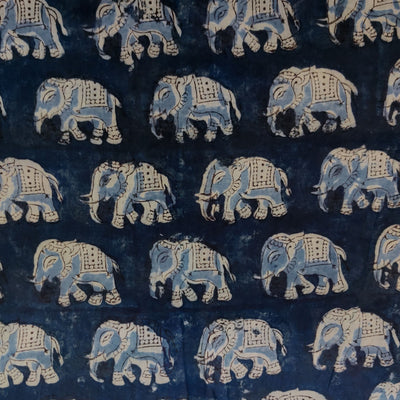 Pre-cut 1.47 meter Pure Mul Cotton Extra Soft Kalamkari Indigo With Elephants Hand Block Print Fabric