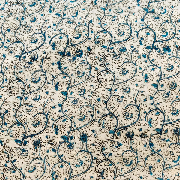 Pre-cut Pure Mul Cotton Off White With Blue Tiny Flower Jaal Hand Block Print Fabric(1.80 meter)