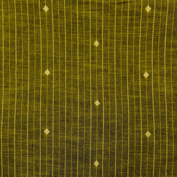 Pre-cut Pure South Cotton Olive With Zari And Thread Stripes And Tiny Diamond Motifs Woven Fabric( 1.95 meter)