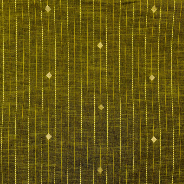Pre-cut Pure South Cotton Olive With Zari And Thread Stripes And Tiny Diamond Motifs Woven Fabric( 1.95 meter)