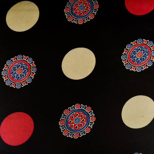Pure Cotton Ajrak Black With Intricate  Rust And Cream Circle Hand Block Print Fabric