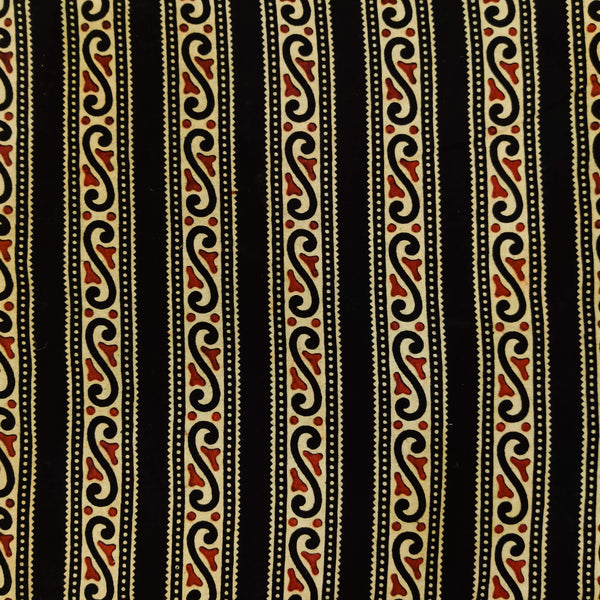 Pure Cotton Ajrak Black With S Intricate Stripes Hand Block Print Fabric
