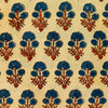 Pure Cotton Ajrak Cream With Blue Three  Flower Plant Motif Hand Block Print Fabric