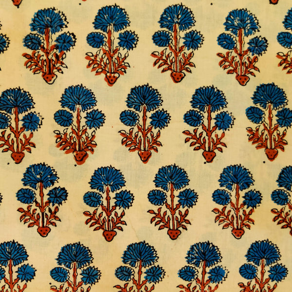 Pre-cut 2 meter Pure Cotton Ajrak Cream With Blue Three  Flower Plant Motif Hand Block Print Fabric